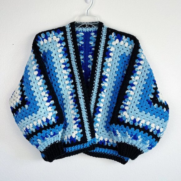 Hand Crafted Granny Square Oversized CardiganBlue Black White Crochet Sweater